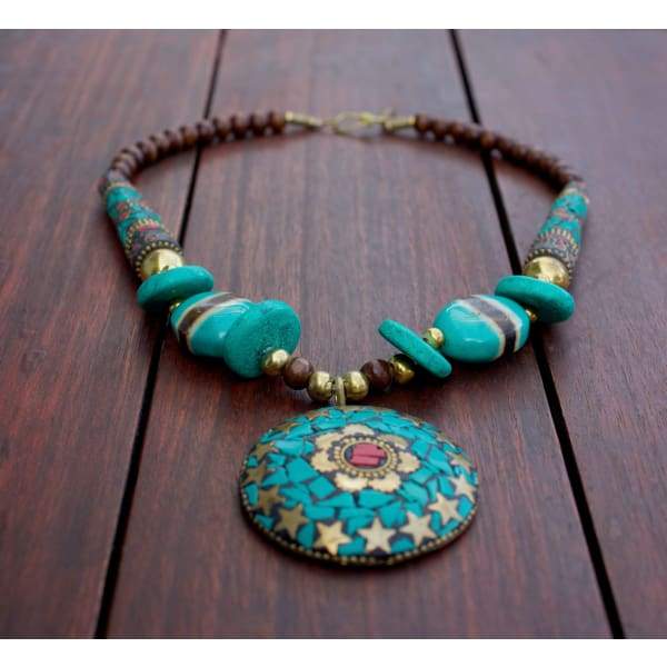 Nepalese Foo Lion Necklace with African Turquoise selling and Nepalese Resin Beads, Gemstone Necklace, Asian Style, OOAK, Boho Chic